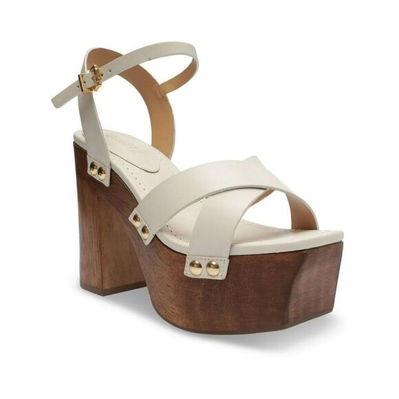 🆕️ Schutz Gaylah Leather & Wood Platform Sandals in White - Picture 2 of 13